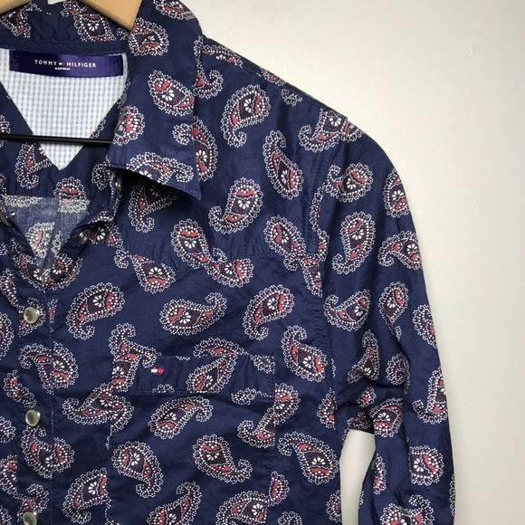 Tommy Hilfiger Pearl Snap Paisley Long Sleeve Sleep Shirt in Blue S - Picture 5 of 6